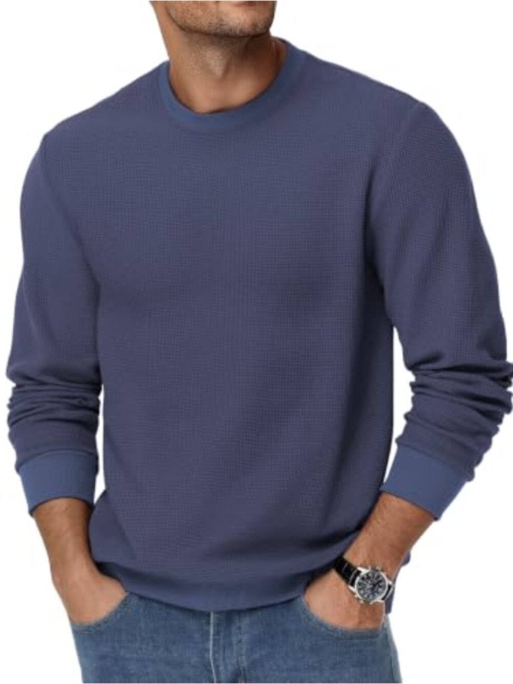 Mens Waffle Textured Thin Sweatshirt Lightweight Pullover Crew Neck